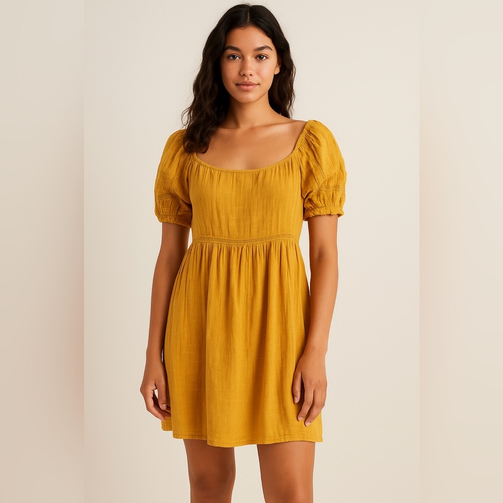 American Eagle Mustard Yellow Puff Sleeve Peasant Dress Size S
